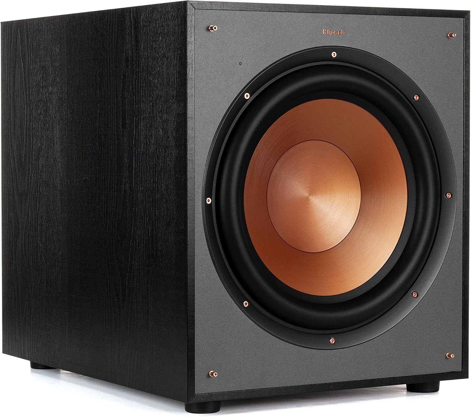 A close-up image of a Klipsch R-120SW subwoofer