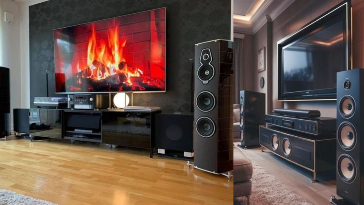 A modern home theater setup featuring a large TV, floor-standing speakers, and a sleek entertainment center