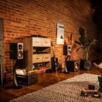 Bookshelf speakers set up in a room