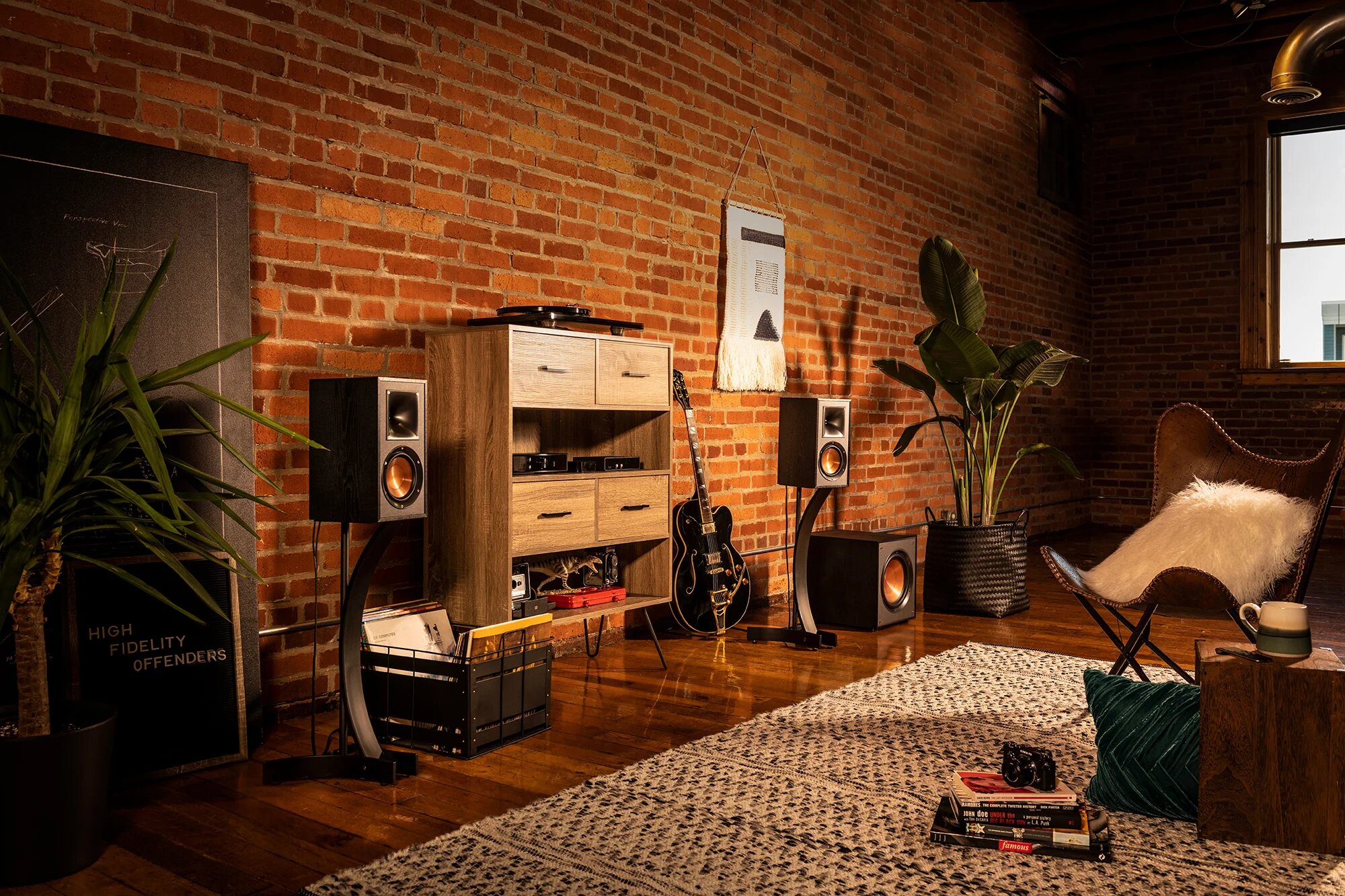 Bookshelf speakers set up in a room