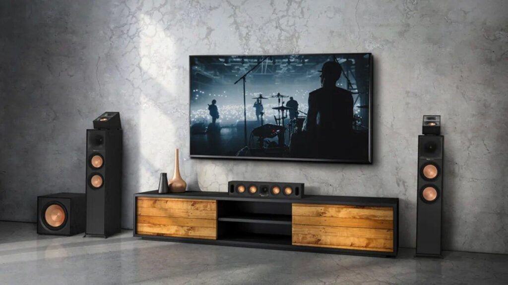 TV speakers set up in a living room