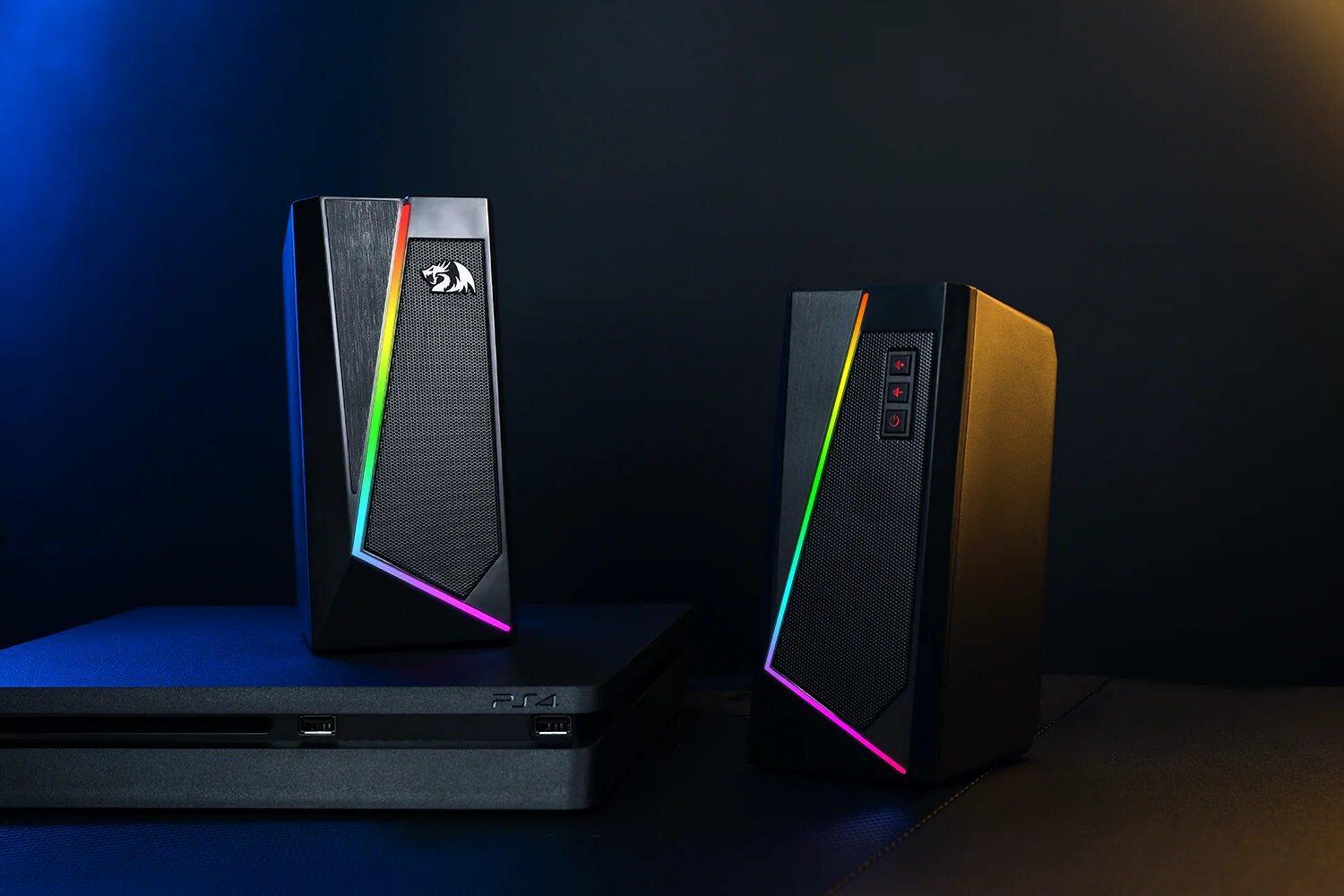 Redragon GS520 RGB Desktop Speakers on a dark background 