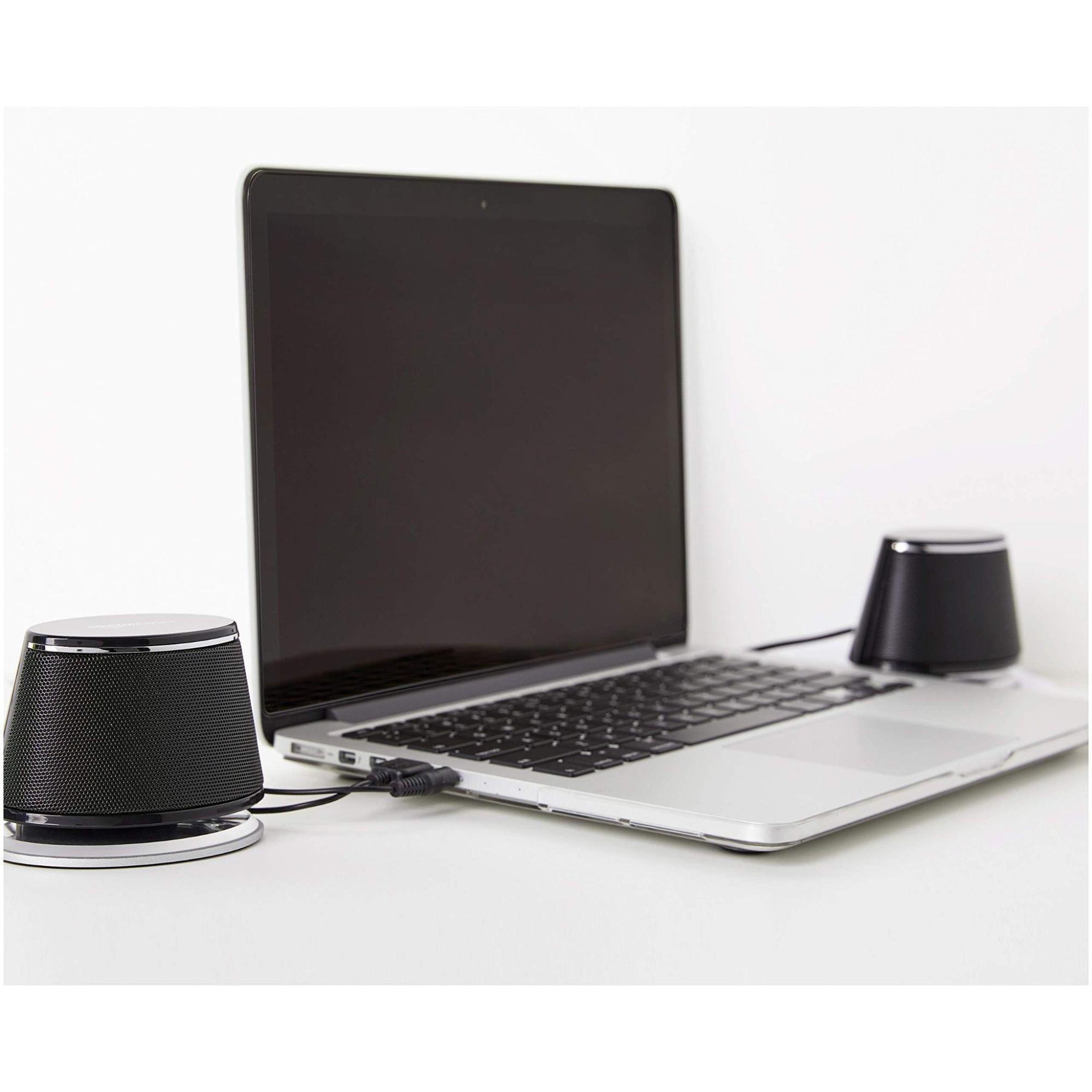 Amazon Basics USB-Powered Computer Speakers attached to a laptop 